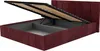 A burgundy upholstered bed frame with the mattress support mechanism lifted to reveal the storage space underneath. Produktbild-Vorschau