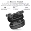 A pair of black wireless earbuds and their charging case are displayed against a white background, with descriptive text highlighting their features and specifications. Produktbild-Vorschau