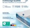 A cross-section of a mattress topper showing its layers, with marketing text and icons highlighting features and quality. Produktbild-Vorschau