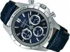 A close-up, angled view of a Seiko chronograph watch with a blue dial and a blue leather strap, set against a white background. Podgląd zdjęcia produktu