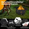 An outdoor fireplace with a person sitting in a chair in the background, with feature callouts at the bottom. Produktbild-Vorschau