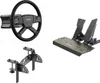 A collage of three separate gaming accessories for a racing simulator setup, including a steering wheel, pedals, and a clamp mount. Produktbild-Vorschau