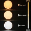 A visual representation of different light color temperatures for a ceiling lamp, showing warm white, neutral white, and cool white. Podgląd zdjęcia produktu