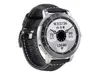 A smartwatch with a black leather strap and a silver casing is shown against a white background. The watch face displays the date, time, and health metrics. Produktbild-Vorschau