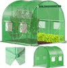 A collage of images showing a green greenhouse with plants inside, and a close-up of the greenhouse material. Produktbild-Vorschau