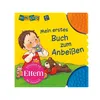 A children's board book with a yellow cover, featuring an illustration of a baby and a teddy bear. The book has textured orange and blue corners. Produktbild-Vorschau