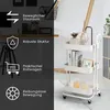 A split image showing marketing text and icons on the left and a white rolling cart with items on the right. Voir les images du produit