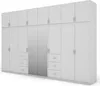 A white modular wardrobe with mirrored doors and drawers, shown against a white background. Podgląd zdjęcia produktu