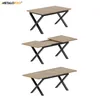 Three different configurations of a table with a wooden top and black metal legs are shown against a white background. Produktbild-Vorschau