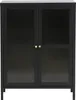 A black sideboard with two fluted glass doors and gold handles, presented against a white background. Podgląd zdjęcia produktu