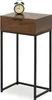 A narrow console table with a walnut-colored top and drawer, supported by black metal legs, is shown against a white background. An alarm clock sits on top of the table. Náhled obrázku produktu
