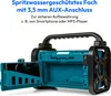 A teal and black radio with its storage compartment open, showing a smartphone inside. Produktbild-Vorschau
