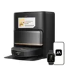 A black MOVA P50s Ultra robot vacuum cleaner with its docking station and a smartphone and smartwatch displaying the MOVA app. Produktbild-Vorschau