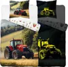 A collage of a tractor-themed duvet cover set, showing both daytime and nighttime (glow-in-the-dark) views. Produktbild-Vorschau