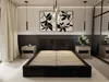 A modern bedroom with a black upholstered bed frame and wooden slats, flanked by two minimalist nightstands. Two abstract art pieces hang on the wall above the bed. Produktbild-Vorschau