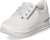 A white women's sneaker with a platform sole and silver accents is shown against a white background. Voir les images du produit