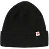 A black knitted beanie with a small logo patch. Produktbild-Vorschau