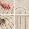 A collage of four close-up images showcasing the texture and design of a beige and gray rug with a shaggy pile and a subtle striped pattern. One image shows a hand touching the rug, highlighting its softness. Another shows the rug's backing. The bottom rig Voir les images du produit