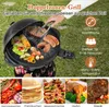 A person is using a dual-zone grill outdoors, with various foods being cooked on it. Below the grill, there are images showcasing different food types. Náhled obrázku produktu