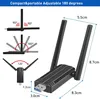 Collage of images showing a USB WiFi adapter with dimensions and adjustable antenna angles. Produktbild-Vorschau