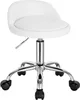 A white office stool with a chrome base and wheels, shown from a front-side angle on a white background. Produktbild-Vorschau