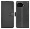 A black leather flip wallet case for a smartphone, shown open with the phone compartment visible on the right and the wallet flap on the left. Produktbild-Vorschau