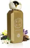 A gold-colored perfume bottle with a white flower-like cap, surrounded by ingredients like vanilla, jasmine, and lavender. Podgląd zdjęcia produktu