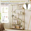 A gold and white geometric bookshelf is shown in a room setting. There are decorative items on the shelves. A graphic overlay on the left illustrates stability and safety features. Produktbild-Vorschau