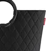 A close-up view of a black quilted storage basket with a round handle. Produktbild-Vorschau