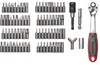 A collection of various screwdriver bits and a ratchet wrench are laid out on a white background. Produktbild-Vorschau