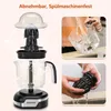 Collage showing an electric citrus juicer, with one image demonstrating cleaning and another showing water being poured into a pitcher. Produktbild-Vorschau