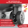Close-up of luggage wheels with marketing text. Produktbild-Vorschau