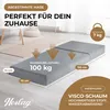 A folded mattress is shown on a floor with text overlays indicating dimensions, weight capacity, and material. Produktbild-Vorschau