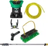 A collection of window cleaning equipment, including a water purification system, hose, brush, spray nozzle, and extension pole, arranged on a white background. Produktbild-Vorschau