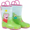 A pair of children's rain boots with Peppa Pig characters and a garden scene. Voir les images du produit