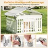 A white dog kennel is shown outdoors on a grassy lawn, with a close-up collage of assembly details at the bottom. Produktbild-Vorschau