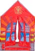 A red fire station play tent with brick and window graphics. Produktbild-Vorschau