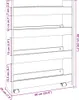 A diagram showing the dimensions of a narrow storage cart with four shelves. Voir les images du produit