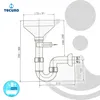 A technical drawing of a plumbing trap with dimensions and brand logo. Produktbild-Vorschau