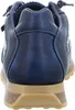 The back view of a blue sneaker with a tan sole. Voir les images du produit
