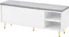 A white shoe bench with a gray cushion and gold legs, shown against a white background. Produktbild-Vorschau