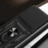 Close-up of a black phone case with a ring holder and a sliding camera cover. Produktbild-Vorschau