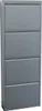 A tall, narrow, gray metal shoe cabinet with four flip-down doors. Voir les images du produit