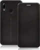 A black leather flip case for a smartphone is shown from two angles. Produktbild-Vorschau