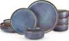 A set of blue and purple ceramic plates and bowls with brown rims, arranged on a white background. Náhled obrázku produktu