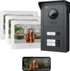 A doorbell camera system with multiple indoor monitors and a smartphone displaying the camera feed. Produktbild-Vorschau
