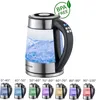 A glass electric kettle with LED lighting and various temperature settings displayed below. Produktbild-Vorschau