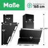 Diagram showing the dimensions and features of a black kitchen range hood. Produktbild-Vorschau