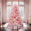 A pink Christmas tree decorated with ornaments and lights, surrounded by gifts, in a room with a fireplace and a large window. Produktbild-Vorschau