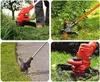 Collage of four images showing a string trimmer being used in different lawn care scenarios. Náhľad obrázku produktu